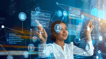 Title: "Tech Interaction"

Art Description: A young business woman (man) interacts with digital screens displaying AI-integrated business data.