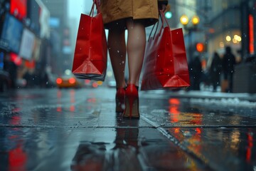 A chic woman captured from behind walks on a rainy city street, her bright red shopping bags and heels standing out - obrazy, fototapety, plakaty
