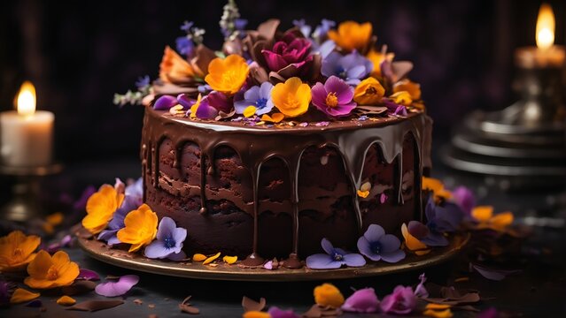 Chocolate cake decorated with flowers, close-up photo on dark background