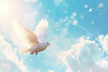 Funeral background with white doves flying in the blue sky, copy space for text - obrazy, fototapety, plakaty