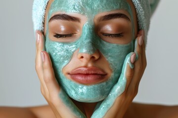 Close-up of a serene woman with a turquoise facial mask, touching her smooth skin