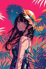 Obraz na płótnie Canvas Anime girl with luscious black hair and a charming summer outfit, set against a background featuring complementary colors to enhance her beauty generative ai
