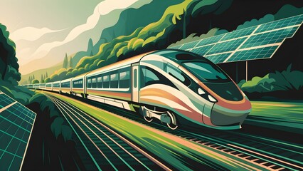 Railway train sustainable transportation, renewable green energy environment travel - obrazy, fototapety, plakaty
