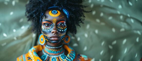 portrait of beautiful afro with different traditional clothing and accessories, face paint - obrazy, fototapety, plakaty