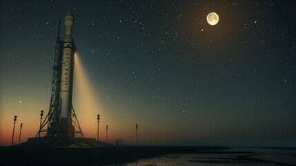 In the heart of a serene night, a space rocket stands on the launch pad, bathed in the soft, ethereal glow of the moonlight.