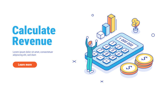 Calculate revenue growth, financial evaluation, accounting or profit calculation concept. Outline Isometric 3d Vector illustrations isolated on white background.