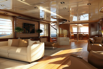Luxurious yacht interior with spacious living area and natural light