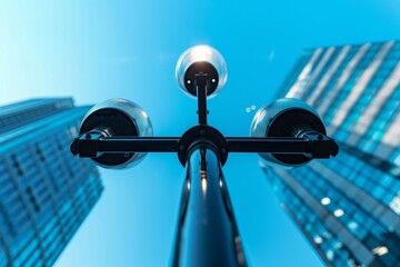 From below view of black color iron pipes fixed on top of pole with reflecting spherical bases of lights near high rise building under blue sky in daylight - Powered by Adobe