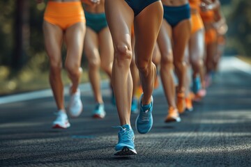 A dynamic shot capturing the intensity and movement of female athletes during a road race, highlighting their sports shoes - obrazy, fototapety, plakaty