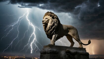 weathered stone lion statue stands defiant against a backdrop of dark clouds and lightning. - obrazy, fototapety, plakaty