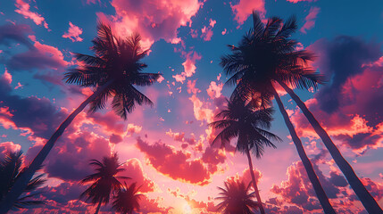 Silhouettes of palm trees against a vibrant sunset sky - tropical tranquility