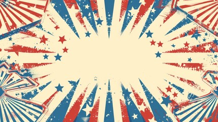 A vibrant, star-spangled banner background radiating from the center, adorned with decorative rosettes, celebrating American patriotism.