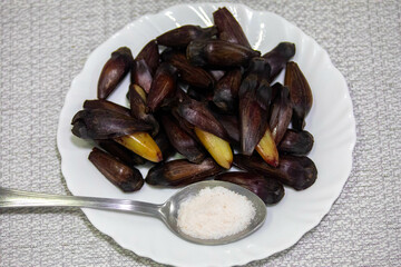 Cooked pine nuts in selective focus, seeds of Araucaria angustifolia