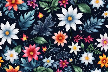 Vibrant colorful flowers set against dark background. For meditation apps, on covers of books about spiritual growth, in designs for yoga studios, spa salons, illustration for articles on inner peace.