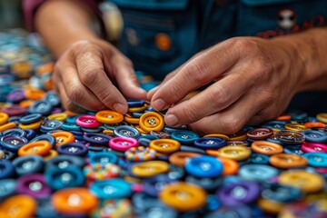 Close-up of hands sorting through a collection of colorful buttons spread out on a wooden surface - Powered by Adobe