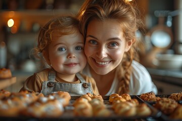 A smiling mother and her young child are in the kitchen with fresh pastries, sharing a moment