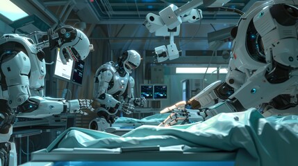 Robotic surgery in progress within a futuristic hospital, highlighting precision and innovation in medical technology, perfect for medical technology themes.