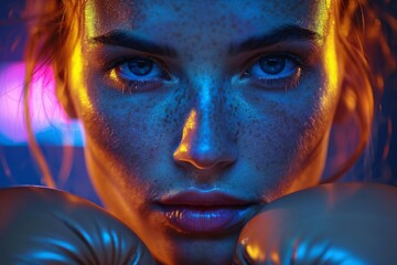 An electrifying portrait of a boxer with a fierce look, enhanced by dynamic blue lighting