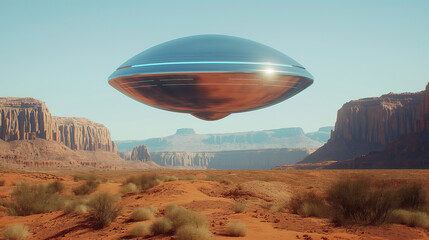 Flying Saucer: Cylindrical Silver Metallic UFO UAP hovering over Desert Landscape with Mountains in Arizona