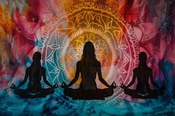 Mandala sacred geometry shapes with silhouettes of meditating women, palette of tie-dye colors, blending into a harmonious psychedelic motif created with Generative AI Technology - obrazy, fototapety, plakaty