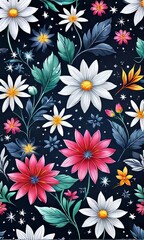 Bright colors of flowers pop out against black background, enhancing their beauty, making them focal point of image. For interior design, decoration, advertising, web design, as illustration for book.