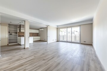 Interior of empty spacious living room with white walls and laminated floor with doors leading to balcony