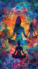 Mandala sacred geometry shapes with silhouettes of meditating women, palette of tie-dye colors, blending into a harmonious psychedelic motif created with Generative AI Technology
