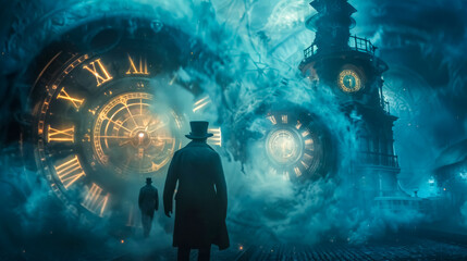 Mysterious time travel concept with man and clocks - obrazy, fototapety, plakaty