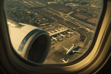 Aerial View of Airport from Airplane Window: Runways and Parked Aircraft