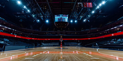 An empty basketball court is illuminated by spotlights, creating dramatic lighting effects. The scene depicts an empty basketball arena or stadium with spotlights, polished wood, and fan seats. - obrazy, fototapety, plakaty