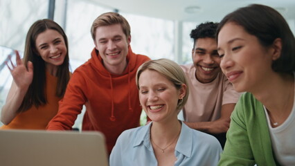 Greeting people waving hands computer at office closeup. Startup team video call