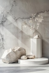 One white podium with a geometric concrete figure and stones.