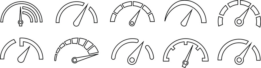 Speedometer, tachometer black icons set isolated on transparent background. Collection of speedometer indicator vector line. Use for Performance indicator sign. Car speed. Fast internet.