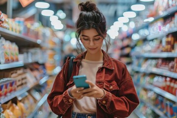 Positive young female customer in casual clothes and eyeglasses using smartphone while shopping alone at supermarket