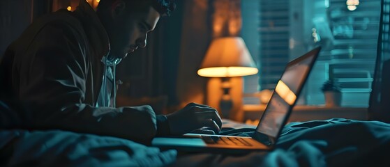 Person working on laptop in dimly lit room, potentially engaged in writing or job searching. Concept Working Late, Dim Lighting, Laptop User, Writing Scene, Job Searching - obrazy, fototapety, plakaty