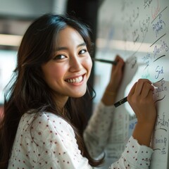 Smiling woman writing on whiteboard. Generative AI
