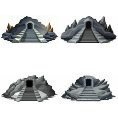 Dungeon entrance stairway set. Cave stone staircase. Gray rock cavern. Ancient dungeon, grotto Mountain tunnel entrance stairs Entry to cave underground Game location symbol. Vector object collection.