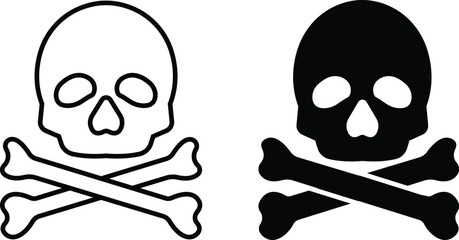Crossbones death skull, danger or poison flat or line vector icons set for apps and websites isolated on transparent background. Death logo, symbol, sign. Pirate symbol. Vector graphic. EPS 10
