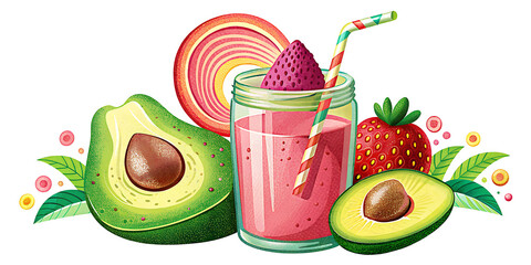 Realistic strawberry smoothie blended with avocado,