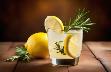 Lemonade with fresh lemon and rosemary on a wooden table