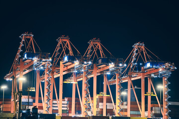 Cargo container terminal. Gantry cranes at sea port. Night view of international logistics terminal at sea port