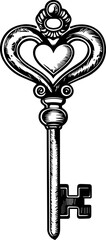 Vintage Key with Heart Design- Black Vector  Illustration
