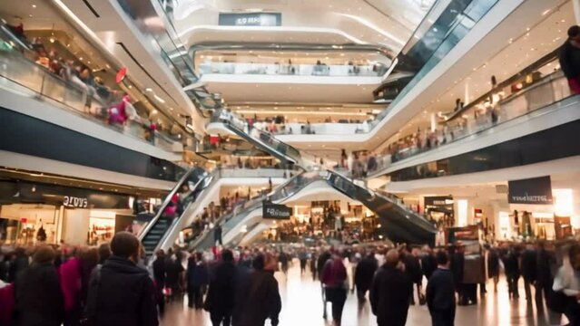 Time lapse footage of a crowded shopping mall during a busy sale event.