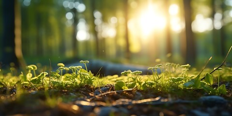 Sunset in the forest with grass and dew drops. Blurred background - obrazy, fototapety, plakaty
