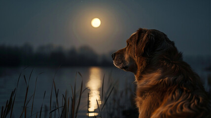 a dog looking at the moon, fantastic style, a serene lakeside with water reflecting the moon's...