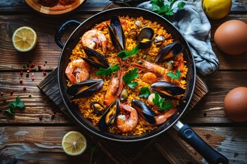 Top view of cooking pan with spanish paella leftovers of rice with mussel and shrimp on wooden table in kitchen - obrazy, fototapety, plakaty