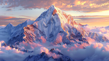 Snow-capped peaks glowing in the morning light - obrazy, fototapety, plakaty