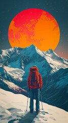 A man is hiking up a mountain with a red backpack poster. The sun is setting behind the mountain, creating a beautiful orange and pink sky. Concept of adventure and the beauty of nature - obrazy, fototapety, plakaty