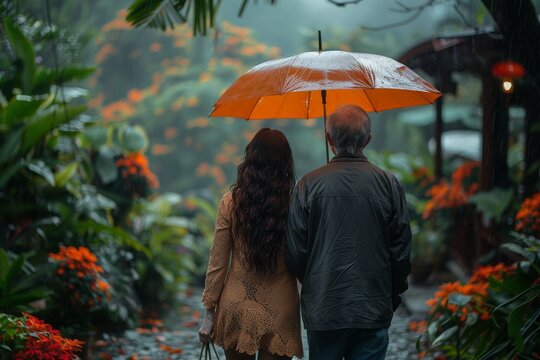 A couple shares an orange umbrella walking amidst a flower garden in the rain, representing love and togetherness