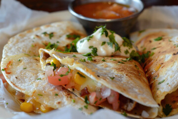 Cheese quesadilla served with sour cream and salsa.